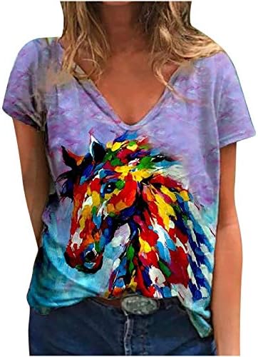 צמרות נשים עניבות צבע חלום סוס מסתורי הדפס שרוול קצר חולצות טירטס קיץ מזדמן v צוואר חולצה גרפית מצחיקה חולצה