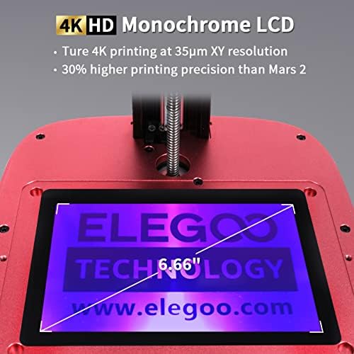 Elegoo Mars 3 4K מדפסת Mono 3D, מדפסת שרף 3D של MSLA UV עם LCD מונוכרום 6.6 אינץ