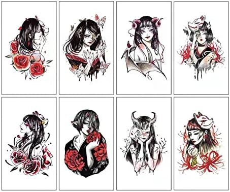 מדבקות קעקוע 8 יחידות זמניות קעקוע מסכת שטן מסכת יפנית Geisha ukiyo-e Gril Art Body Art Transper Transform