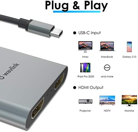 Wavlink USB-C למתאם כפול 4K HDMI, תומך בסינגל 4K@60Hz וכפול 4K@30Hz, עבור מקבוקים חדשים, Surface Book 2/Pro