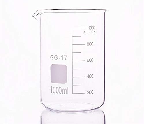 כוס זכוכית מעבדה במעבדה בצורה נמוכה, קיבולת 1000 מל, קוטר חיצוני = 105 ממ, גובה = 145 ממ, מדע כוס מעבדה