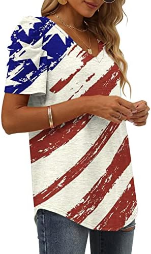 חולצות פטריוטיות לנשים צמרות יום עצמאות נפיחות שרוול קצר V חולצות טי צוואר חולצות דגל אמריקאי מזדמן חולצות
