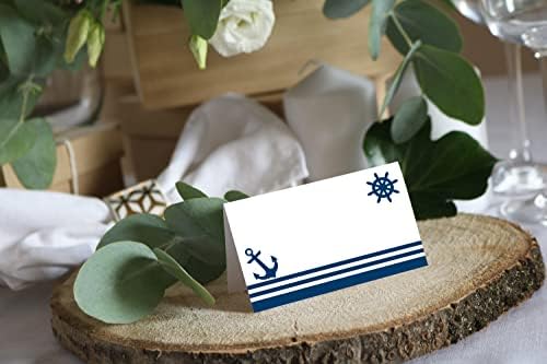כרטיסי מקום ימיים-25 חבילות-כרטיסי מזון ימיים. כחול עוגן וקפטן של גלגל מעל פסים עיצוב, לארוחות