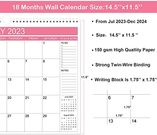 2023-2024 לוח השנה הקיר-18 לוח שנה קיר חודשי 2023-2024, יולי 2023-דצמבר 2024, 15 x 11.5, קשירת