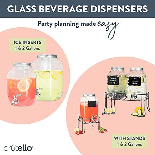 Crutello 2 חבילה מתקן משקאות זכוכית עם ספיגוטים מפלדת אל חלד, מתקן משקאות ליטר 1 מעמד שחור מתכת, לימונדה,