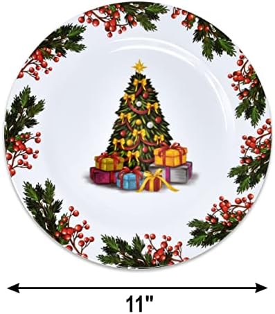 צלחות חג המולד של בוטיק מתנה סט צלחת ארוחת ערב מלמין סט של 4 מנות 11 אינץ 'מטען כלי אוכל עץ חג המולד וגרגרי יער