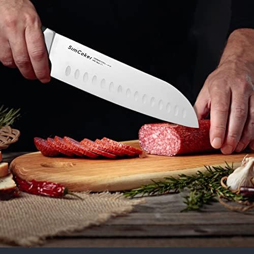סכין Simcoker Santoku 7 אינץ 'סכין מטבח חד אולטרה, גרמנית פחמן גבוה נירוסטה 5cr15mov, ידית Pakkawood
