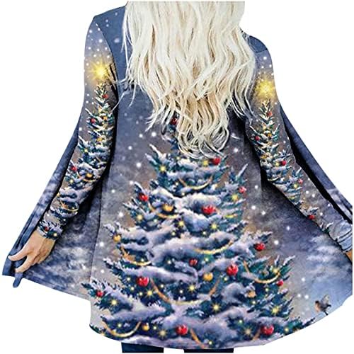 חג המולד קרדיגן, חופשת אופנה ארוכה קרדיגן מקורה עץ חג המולד סנטה מעילים טרנדיים עם כיסים מעילים לנשים