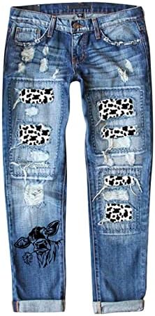 נשים נמר טלאי קרע חבר במצוקה מתיחה ג'ינס ג'ינס רזה בעלי חיים דפוסים ג'וניורס הרוס ג'ינס קפרי