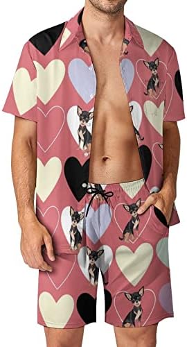 Weedkeycat chihuauhua לבבות צבעוניים תלבושות חוף לגברים 2 חלקים כפתור הוואי למטה חולצת שרוול