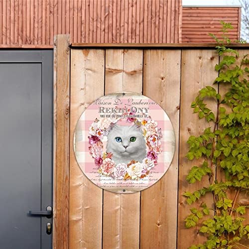 Bomehhjuli שלט ברוך הבא למרפסת קדמית שלט מתכת עגול רטרו רטרו שיק חתול זר זר קיר מתכת אמנות ורוד תאו
