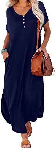 נשים של שרוול קצר מזדמנים רופף מתאים ארוך טרקלין שמלת קיץ רגיל פשוט כפתור המחשוף שמלות עם כיסים
