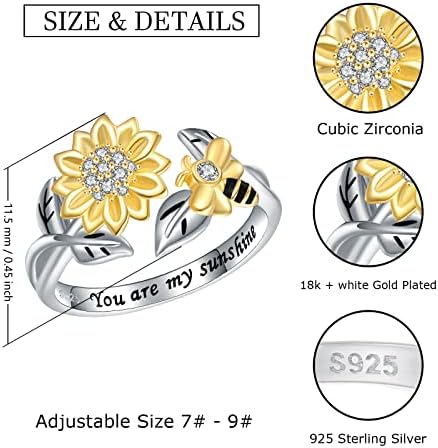 כסף ספינר חמניות דבורה טבעת-925 סטרלינג כסף מתכוונן לקשקש חרדה דבורה עם חמניות תכשיטי טבעת עבור נשים, מעדן אתה