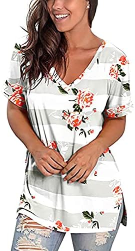 אישה קז'ואלי טופ חולצות שרוול קצר חולצות מזדמנים סקסיות צווארון V צוואר משוחרר דפוס פרחוני חולצות קיץ