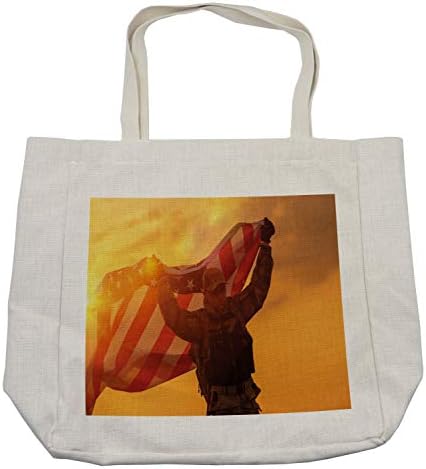 תיק קניות של אמבסון ארצות הברית, איש שירות חוגג ניצחון עם תמונה פטריוטית גדולה של דגל אמריקאי, תיק לשימוש