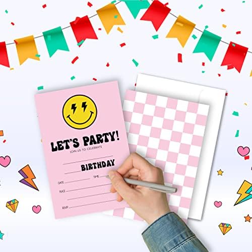 20 סטים רטרו טרו-סמיני פינק סמיילי ברק ברק הזמנות למסיבת יום הולדת עם מעטפות, בואו למסיבה מראש