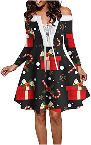נשים משמלת צינור כתף שמלות חג מולד שמלות חג המולד שלג שמלת טוניקה שמלת קטיפה שרוך קטיפה