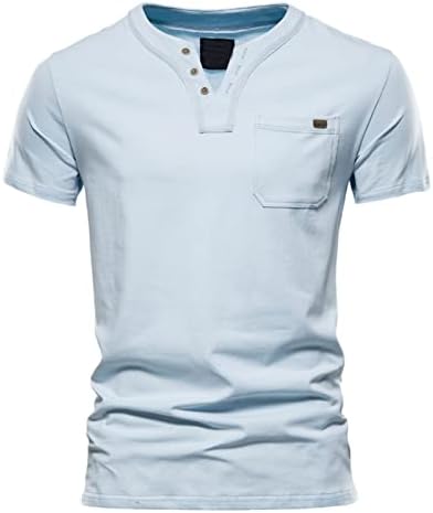 סט שומר Mens Mens אופנה מזדמן צבע אחיד כותנה V כפתור כיס צוואר שרוול קצר חולצה טופ סרבל סיד.
