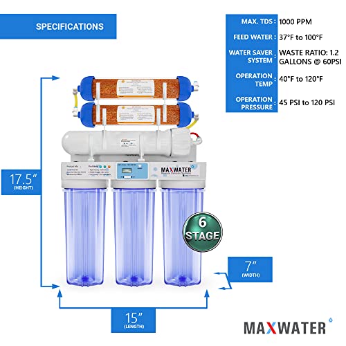 מים מקסימליים 6 שלב 100 GPD מערכת סינון מים רודי + מד TDS דיגיטלי לאקווריום