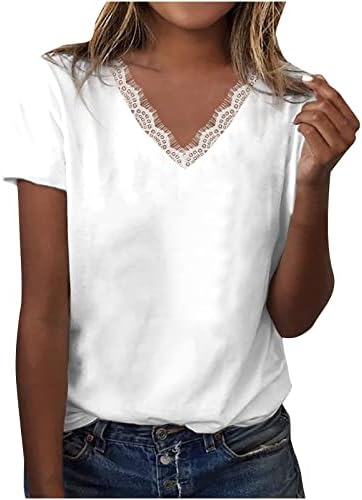חולצות T הדפס פרחוני נשים שרוול קצר תחרה V צוואר צוואר 2023 חולצות מזדמנים גרפיות קיץ טוניקה טרנדית
