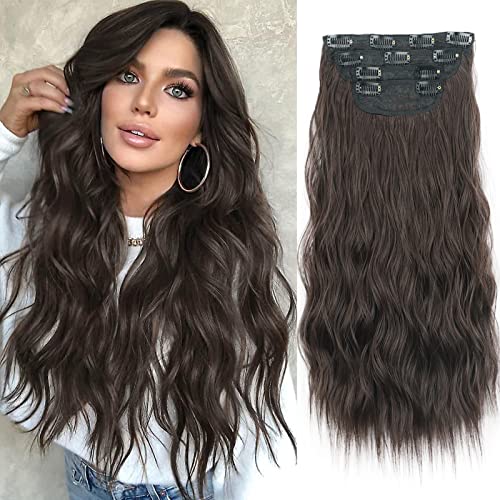 ארוך כהה חום שיער הרחבות גלי סינטטי קליפ שיער הרחבות 4 יחידות עבה כפול ערב שיער חתיכות לנשים מלא ראש