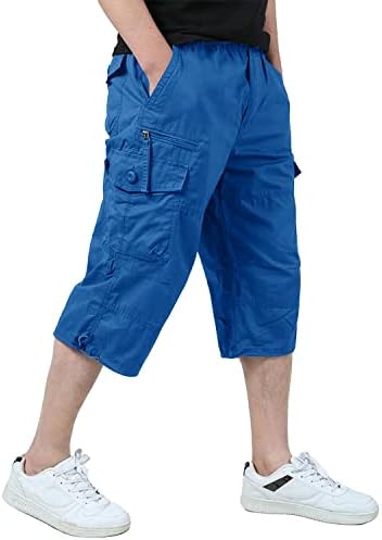 אקלנטסון גברים מקרית אריג אלסטי מכנסיים קצרים מטען מתחת לברך רופף בכושר רב כיס קאפרי ארוך מכנסיים קצרים