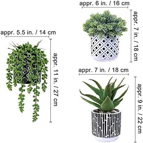 WINLYN 3 PCS עציצים קטנים צמחים צמחי אלוורה מלאכותית כוסות מחרוזת פנינים בשרניים בסיר בטון בשחור לבן