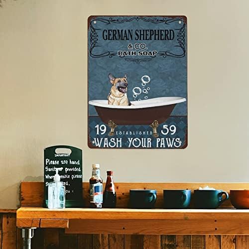 שלטי מתכת וינטג 'גרמנית רועה גרמני ואמבטיה שוטפים את הכפות שלך עיצוב כלבים בית לבית קפה בר פאב 12x16 אינץ'