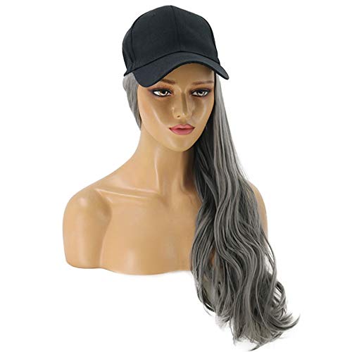 יאנג1 אופנה אפור גבירותיי פאת כובע מקשה אחת כובע פאה 55 סמ ארוך מתולתל שיער