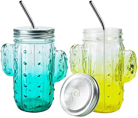 צנצנות Flunyina Mason, 2 יחידות כוס מים קקטוס זכוכית עם קש ומכסים רגילים 16 גרם. כוס כוס מייסון
