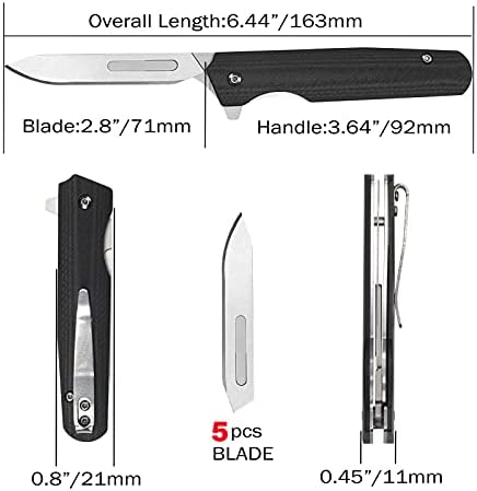 SAMIOR S085 סכין כיס קיפול תקפילה קומפקטית עם 5 יחידות 440C 60 להב להחלפה, ידית G10 3.64 אינץ