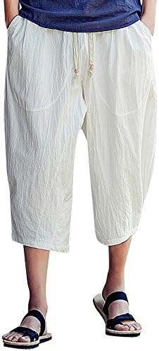 מכנסי Hoksml Harem לגברים כותנה ופשתן מותניים אלסטיות בצבע אחיד קצוץ מכנסיים קלים מכנסיים רכים קלים