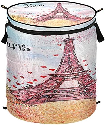 אלזה 50 ליטר סל כביסה מוקפץ עם מכסה וידית, מגדל אייפל בפריז וסמל ציור יד מאפייה סל בד מתקפל