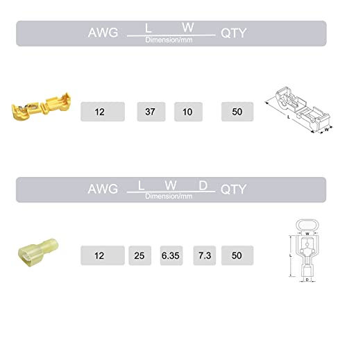 Highshion צהוב 12 AWG 100 יחידות המפשיט עצמי מסופי חוט חשמליים מהיר, מסופי חוט מהיר של זכר מבודד זכר.
