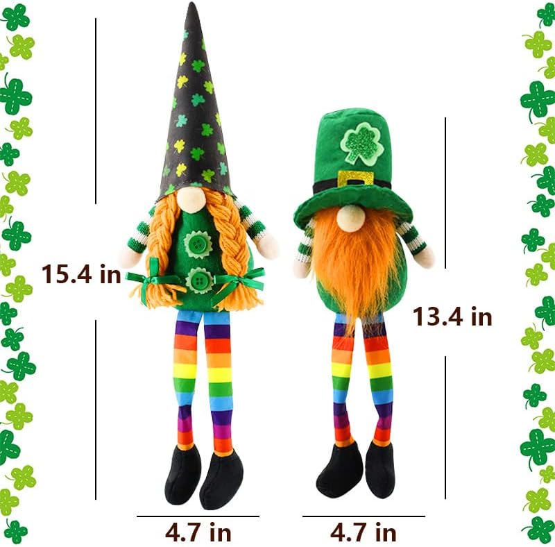 Aulynp St Pattys Day Gnome 2 חבילה סט קישוטים של גנום אירי, כובע ירוק עם תלתן, שמרוק גנום, סנט פטריק