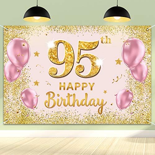 באנר רקע יום הולדת 95 שמח - 95 אספקת קישוטים למסיבת יום הולדת לנשים-ורוד זהב 3.9 על 5.9 רגל