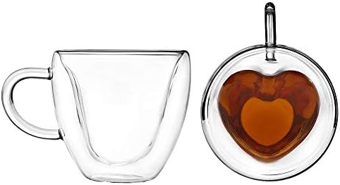 כוס תה בצורת לב בצורת קיר כפול מבודד כוס זכוכית צלולה וכוס קפה 8.5 אונקיות