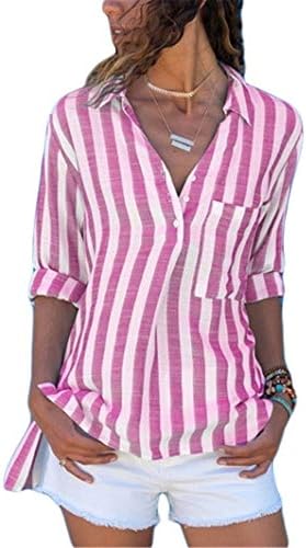 Andongnywell כפתור נשים חולצות חולצות קרדיגאן שרוול ארוך V צוואר צוואר פס רופף מזדמן עם כיסים