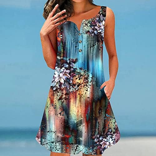 שמלת בוהו בוהו בוהמית כפתור הדפס פרחוני שמלת טנק מטה קיץ קיץ קפלים קפלים זורמים זורמים.
