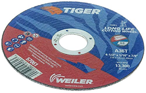 WEILER 57061 TIGER 4-1/2 גלגל חיתוך, 1/16 עבה, סוג 1, A36T, 7/8 A.H.