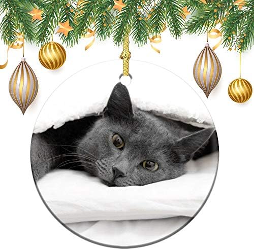 קישוטי חג המולד, חתול אפור תחת קישוט שמיכה לבן עץ עץ תלייה מתנה למשפחות חברים, 3 אינץ '