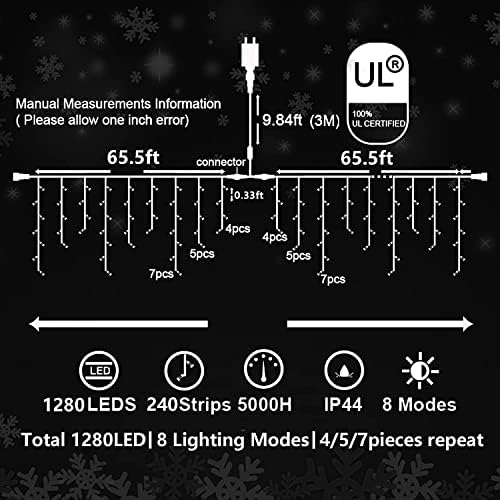קישוטי אורות חג מולד 132ft בחוץ, 1280 LED 8 מצבים אורות פיות וילון עם 240 טיפות, חבר פונקציית זיכרון טיימר אטום