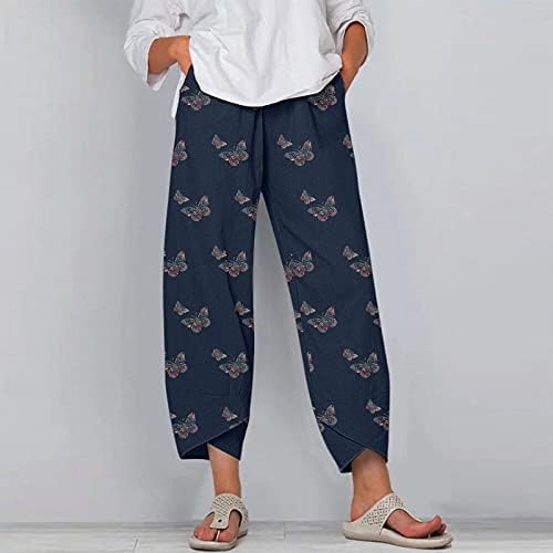 מכנסי פשתן לנשים הדפסת פרפר מזדמן מכנסי Palazzo Pajama מכנסי טרנינג בוהמיים רופפים עם כיס עם כיס