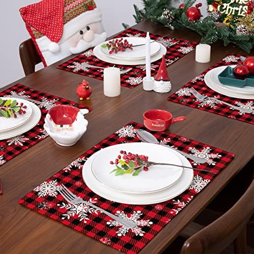 חג המולד מפיות סט של 4 אדום באפלו משובץ פתית שלג מקום מחצלות עבור אוכל שולחן מחצלות הפיך חום עמיד בד מפית עבור
