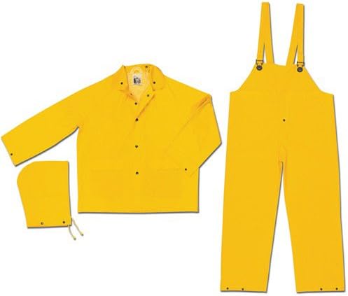 חליפת גשם עמידה בלהבה 3 חלקים עם מכסה מנוע צמוד ומכנסי סינר, צהוב, פי 2-גדול