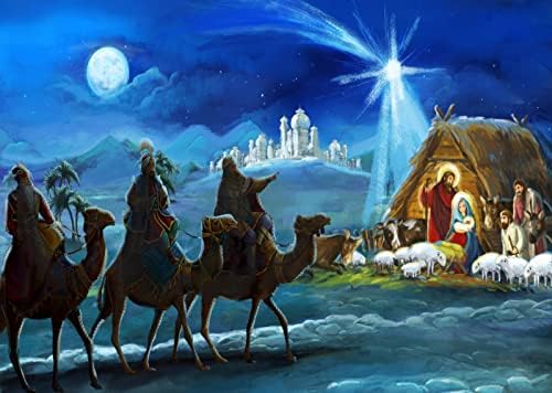בד בלקו 8 * 6 רגל רקע סצנת המולד חג המולד לילה אור כוכבים משפחה קדושה ושלושה מלכים אבוס מדבר לידה של ישו