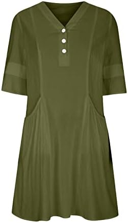נשים כותנה פשתן שמלה מזדמן רופף קיץ רגיל קצר שמלות כפתור צווארון טוניקת משמרת שמלה עם כיסים