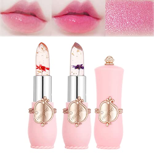 2 יחידות ג ' לי ברור קריסטל פרח קסם שפתון, צבע שינוי שפתון עם פרח בתוך,טמפרטורת חומציות צבע שינוי כהה שפתון