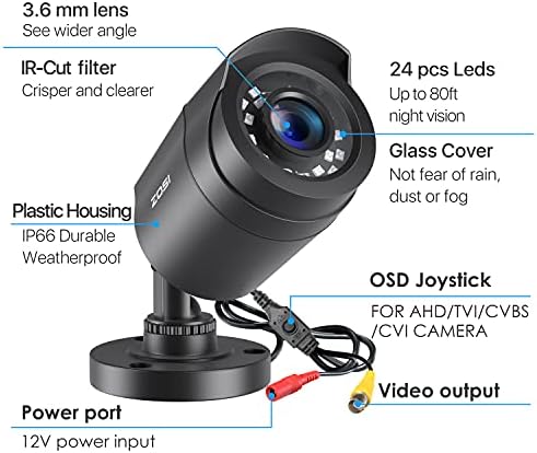 ZOSI 2.0MP FHD 1080P מצלמת אבטחה חיצונית/מקורה, נוריות LED של 24 יחידות, ראיית לילה 80ft, מצלמת