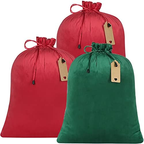 שינטופ 3 יחידות קטיפה סנטה מתנה שק, 16.1 על 19.8 אינץ לשימוש חוזר שרוך חג המולד שקיות עם קראפט תגיות חג